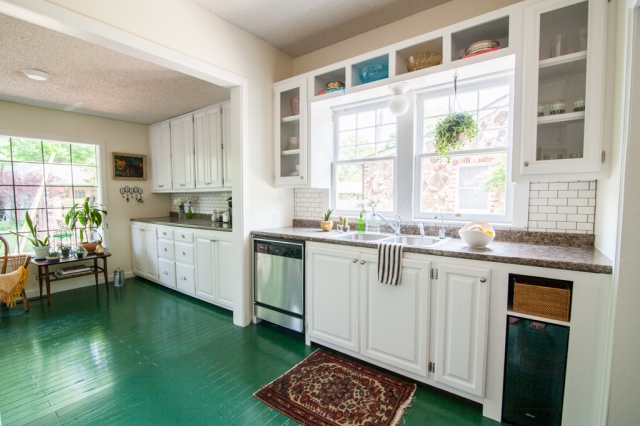 White cabinets + green painted floors